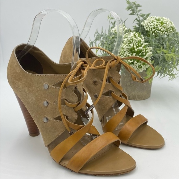 TOD'S Tan Cutout Leather Paneled Two Toned Suede Cone Heeled Sandals Sz 39/US 8